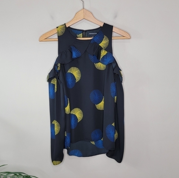 Trouve | Black Blue Yellow Starburst Cold Shoulder Ruffle Detail Blouse Size XS - Picture 3 of 8